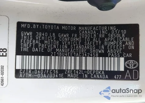 2010 Toyota Corolla Le from USA, damaged, VIN 2T1BU4EE1AC342458